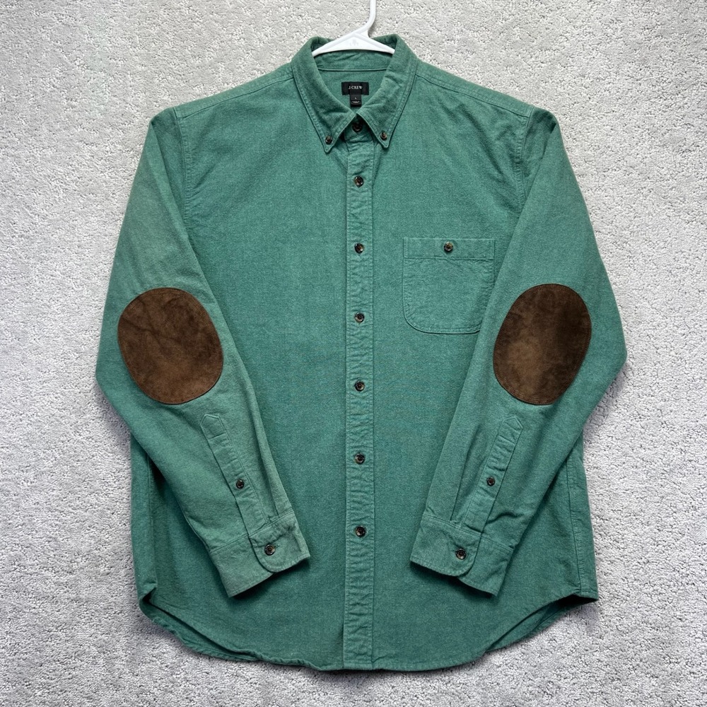 J.Crew Shirt Mens L Green Chamois Flannel Button Down Leather Elbow Patches